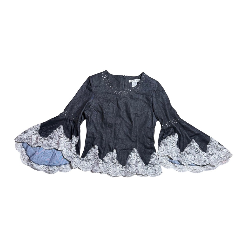Devine Sport Women Gray Denim Bell Sleeve Lace Trim Rhinestone Top